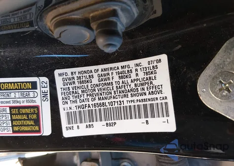 2008 Honda Civic Lx из США, поврежденный, VIN 1HGFA16568L107131